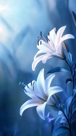 White Lilies Bloom Against Blue Atmospheric Light.