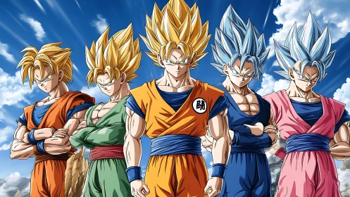 Five spiky-haired anime warriors in layered energy forms