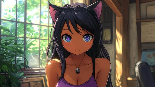 Cat-eared anime girl gazes softly in warm studio light