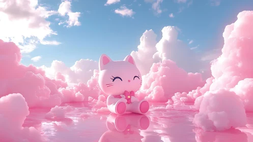 Kawaii cat figurine on reflective cotton candy cloudscape.