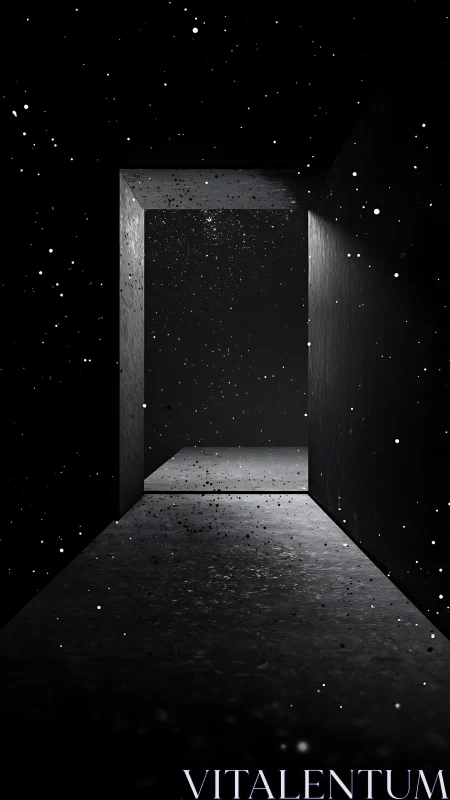 Dark concrete corridor opens into star-filled void