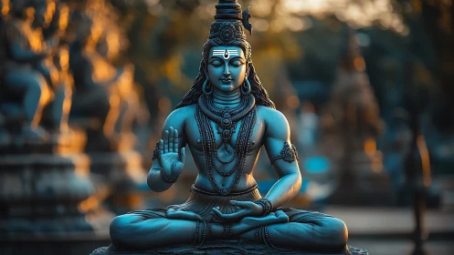 Rendered seated deity statue in cross-legged meditative pose
