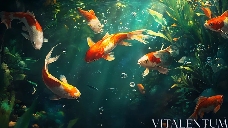 Colorful koi fish swimming in a lush underwater pond scene.
