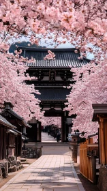 Cherry blossom framed temple gateway with linear stone path alignment