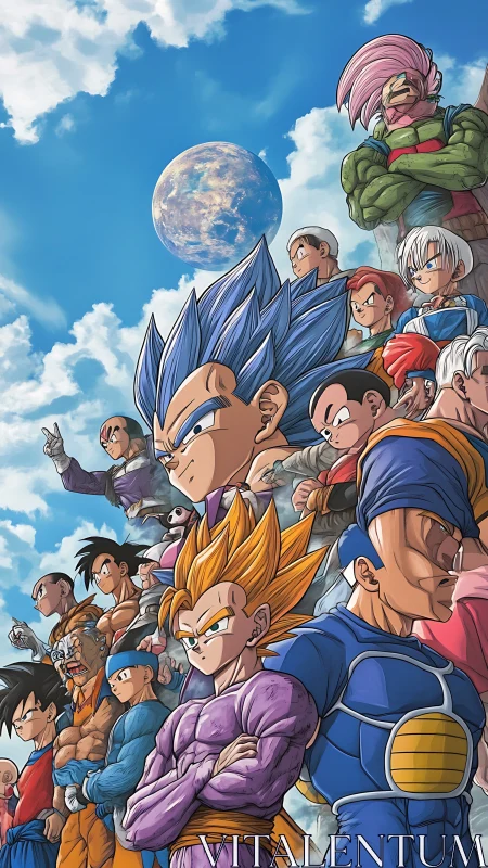 Ensemble of cel-shaded anime warriors aligned under distant planet