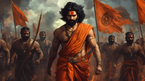 Warrior leader in saffron robes marching with followers.
