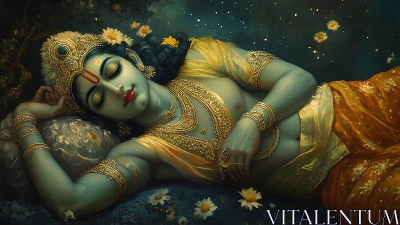 Sleeping divine figure in ornate gold attire lies under stars