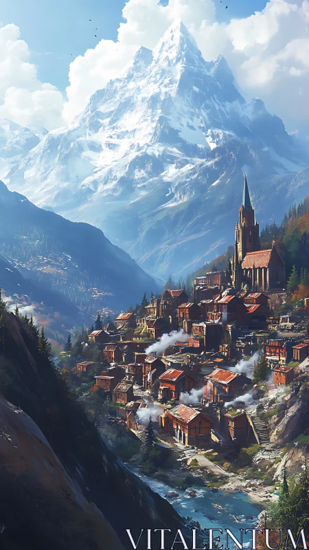 Alpine river settlement beneath glaciated spire mountain peak.