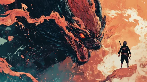 Warrior confronts colossal fiery beast across split sky