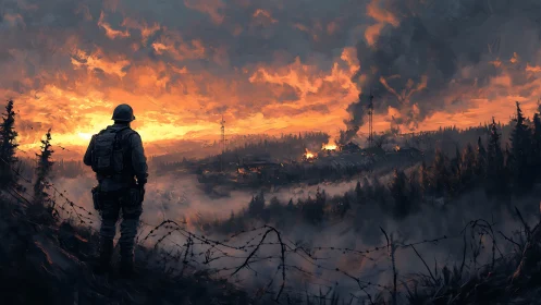 Lone soldier watches burning valley under a fierce war-torn dawn