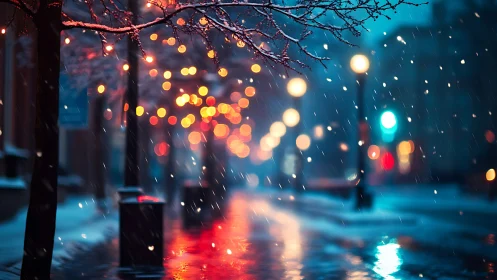 Snowflakes waltz through neon dusk on a dreaming city street