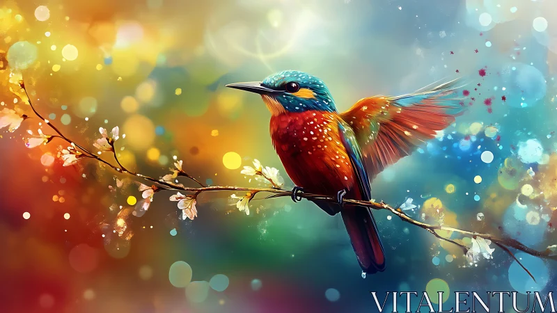 Vibrant Kingfisher on a Branch in Dreamy Digital Art Style.