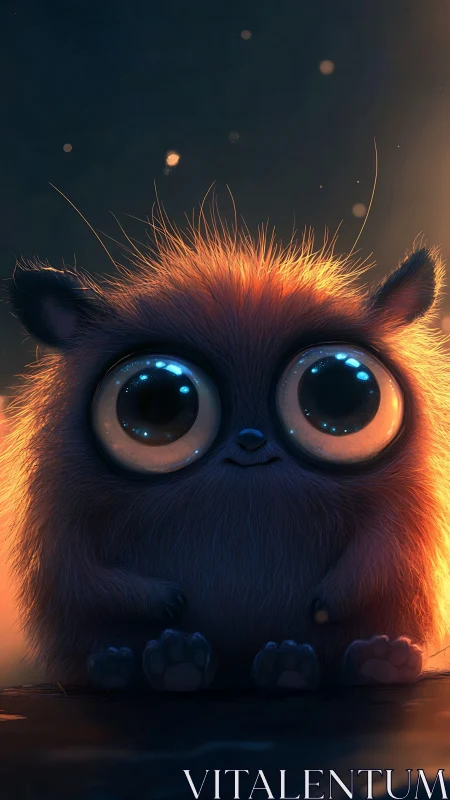 Furry blue creature with large eyes in soft rim lighting.