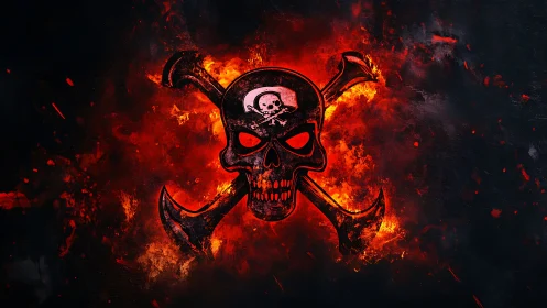 Flaming skull emblem with crossed axes on dark inferno backdrop.