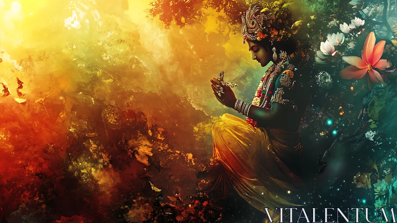 Divine figure with butterfly amid vivid abstract colors.