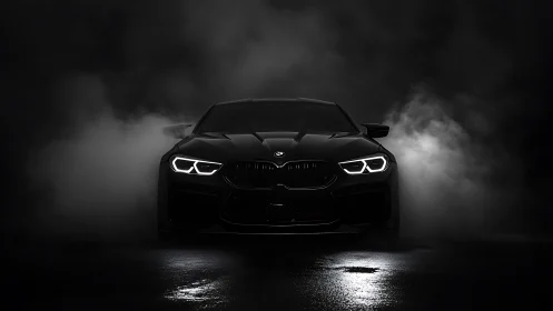Low-key frontal car portrait isolates LED headlights in dense vapor