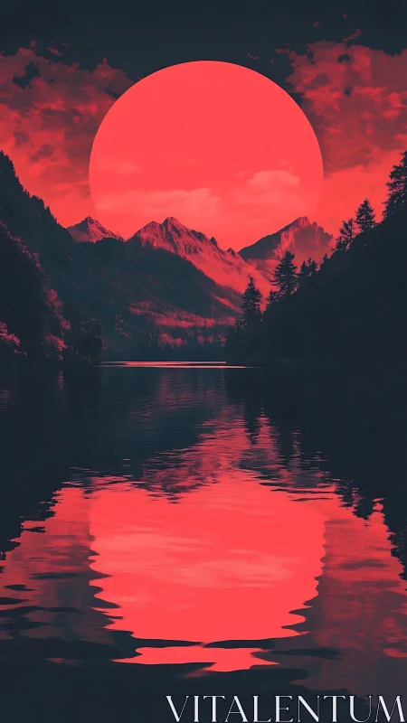 Crimson sun descends behind alpine peaks over reflective lake