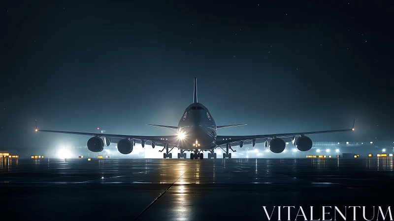 Night runway frontal study of wide-body jet, low-key lighting.