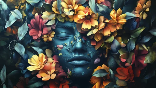 Floral-enveloped cobalt visage in high-contrast digital bloom.