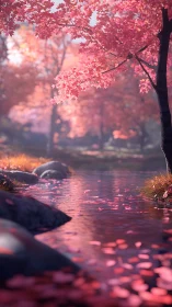Pink-leaf trees line a shallow stream with drifting foliage.