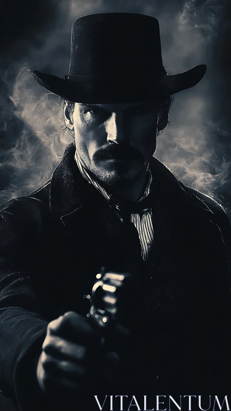 Cowboy holds revolver forward in dramatic low key light