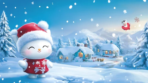Cartoon snow cat stands in bright winter village landscape