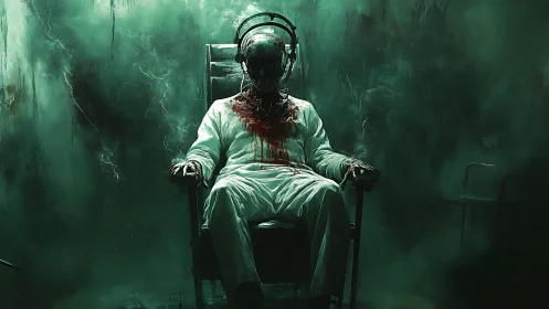 Electro-necrotic restraint subject in hemorrhagic headset chair.