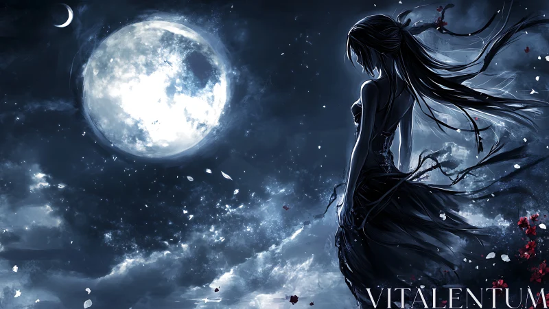 Silhouetted female figure under large moonlit night sky.