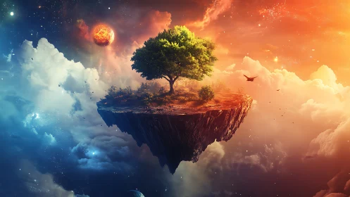 Solitary Tree Crowns Floating Isle in Cosmic Blaze.