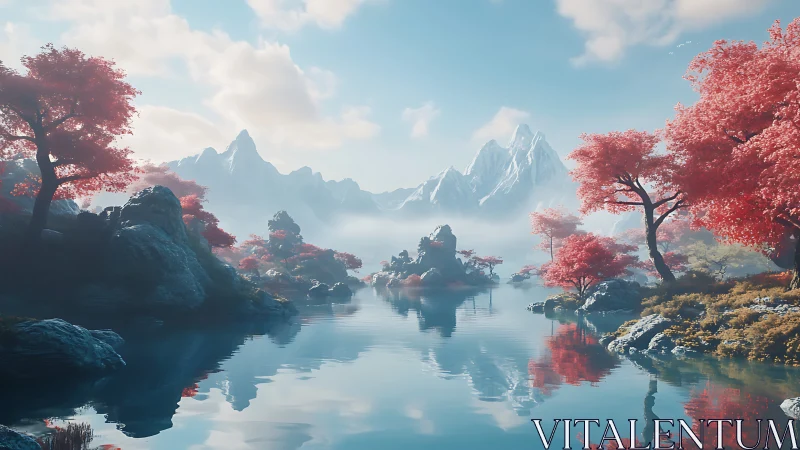 Serene alpine lake with pink foliage and misted peaks.