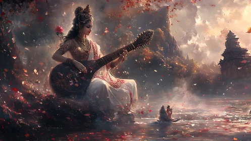 Divine musician plays veena by misty river at dusk.