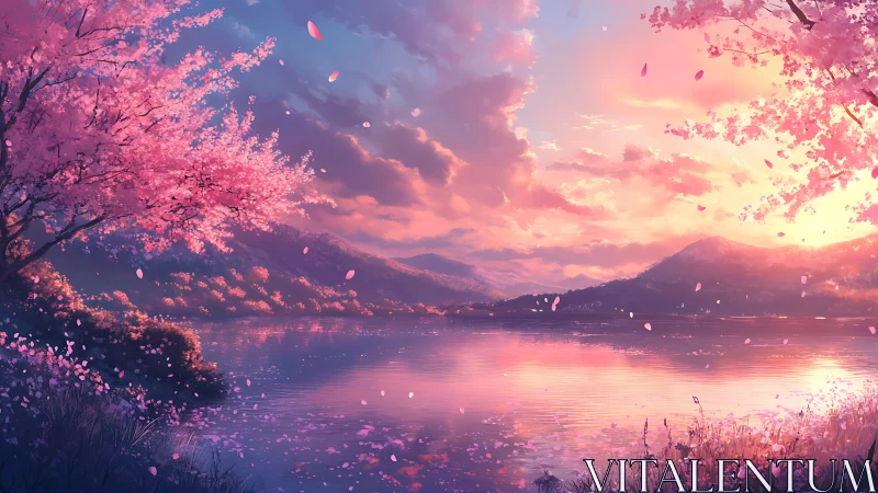 Blossom-draped lakeside sunset in a dreamlit spring valley.