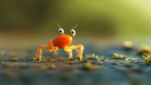 Macro render of stylized orange crab with exaggerated eyes.