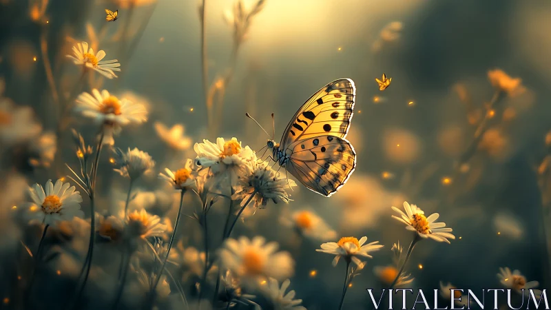 Dusk-lit butterfly drifts through glowing daisy constellations