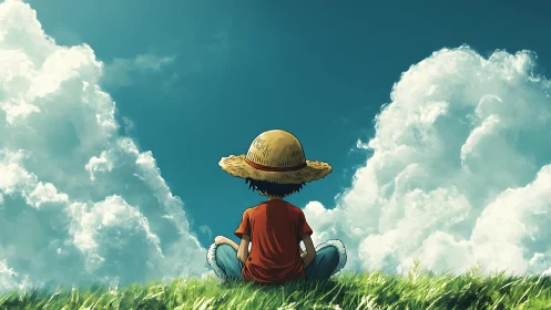 Boy in straw hat watches towering summer clouds over meadow