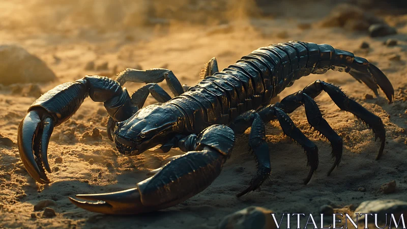 Biomechanical scorpion creature in cinematic desert sunset.