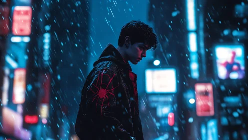 Neo-noir cyberpunk portrait in snowy neon cityscape focus.