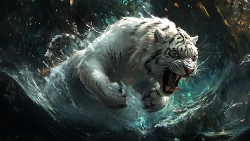 Roaring white tiger surges through stormy jungle waters