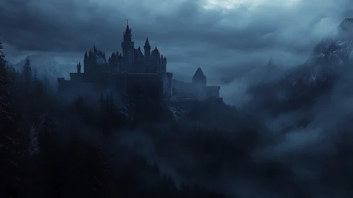 Misty mountain castle wrapped in moonlit midnight fog.
