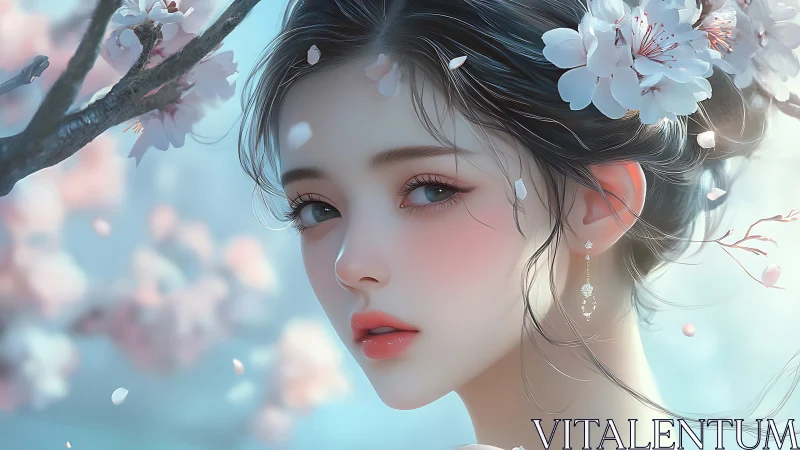 Soft spring gaze beneath drifting cherry blossoms.