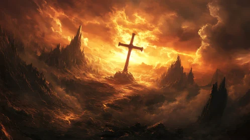 Fiery storm sky engulfs lone cross on jagged wasteland.
