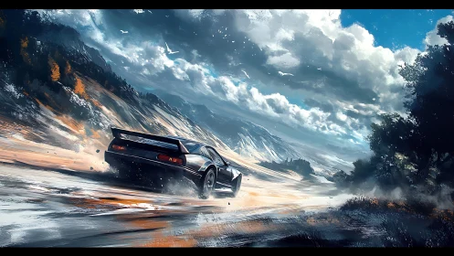 Sports car drifts on wet mountain road under dense storm clouds