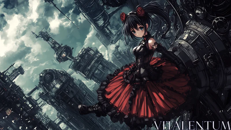 Gothic anime girl stands against dense steampunk skyline