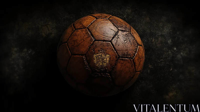 Vintage leather soccer ball with heavy wear on dark ground