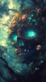 Giant glowing skull forest with eerie turquoise light forms.
