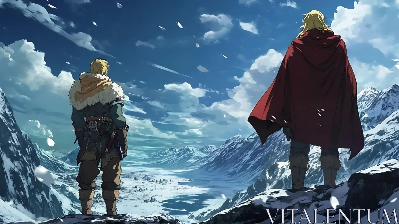 Anime widescreen Nordic cliff scene with dual protagonists.