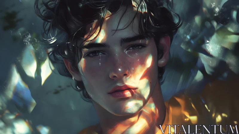 Melancholic youth under fractured prism light portrait.