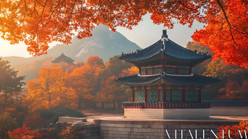 Autumn-kissed Korean pavilion beneath a tapestry of flame.