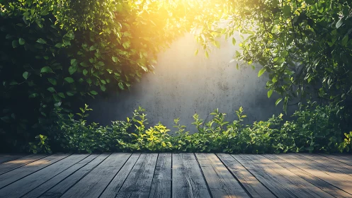 Sunlit garden wall with dense green leaves and deck.