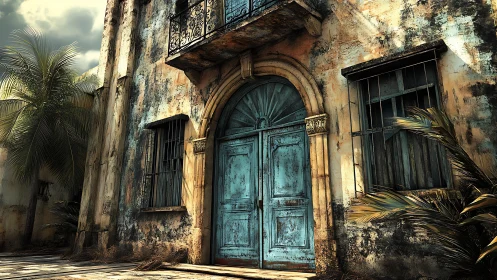 Sun-faded turquoise doorway guarding a forgotten villa.